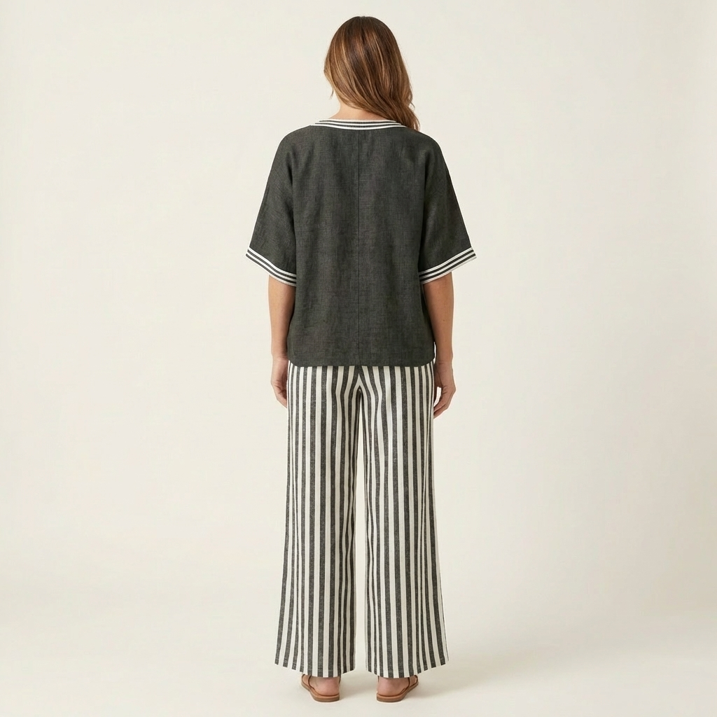 Juliana | V-neck varsity top & striped wide-leg trousers set
