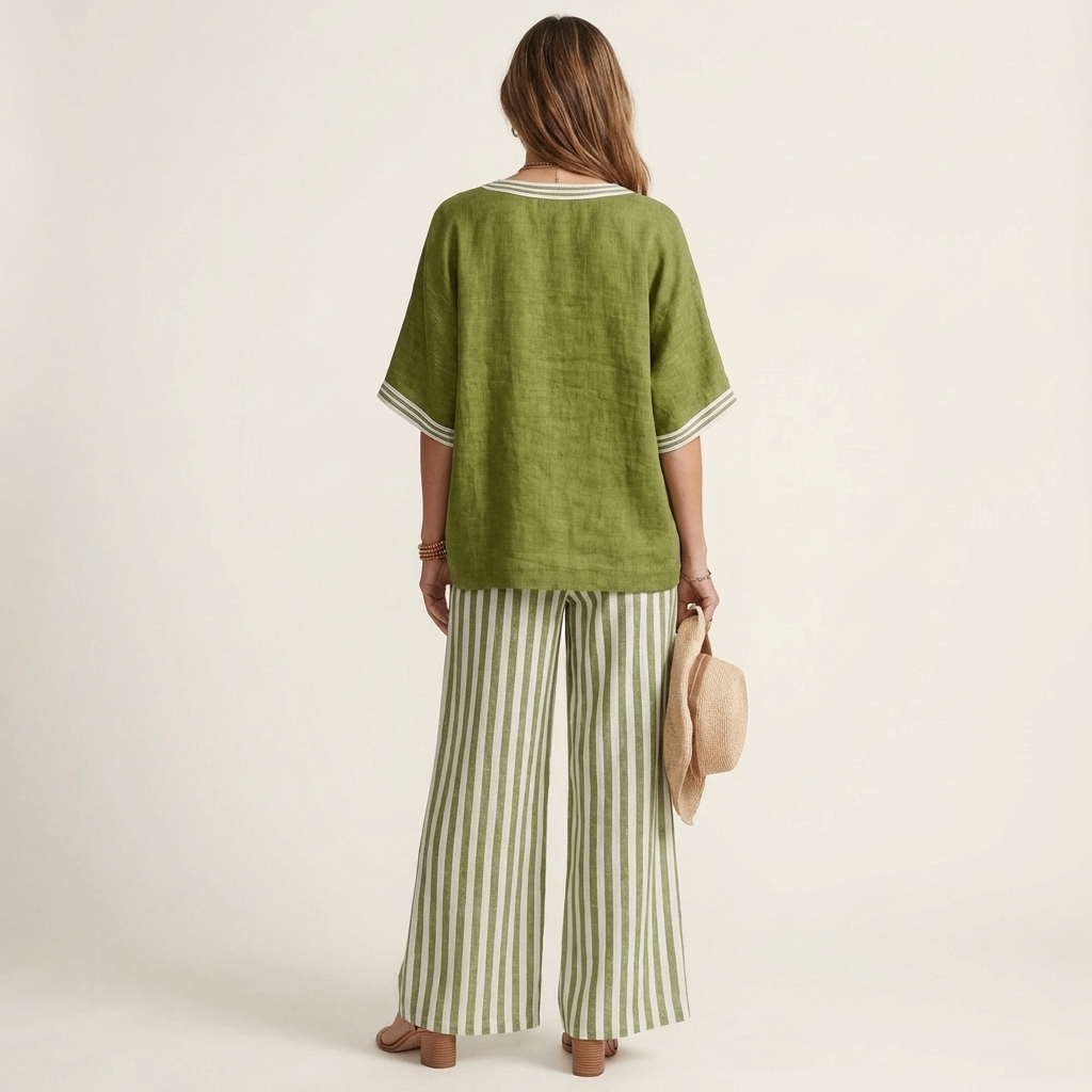 Juliana | V-neck varsity top & striped wide-leg trousers set