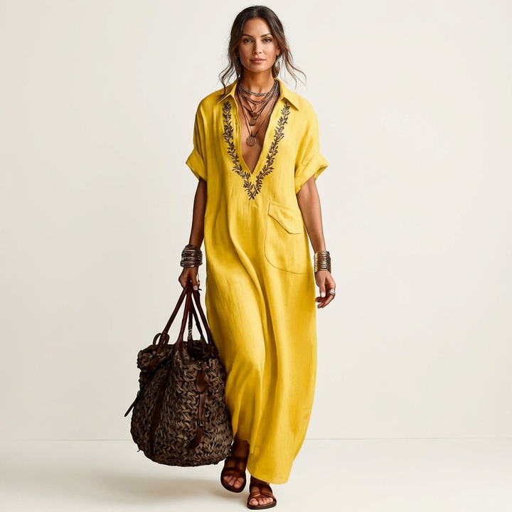 Amarina | Embroidered V-Neck Collar Linen Maxi Dress