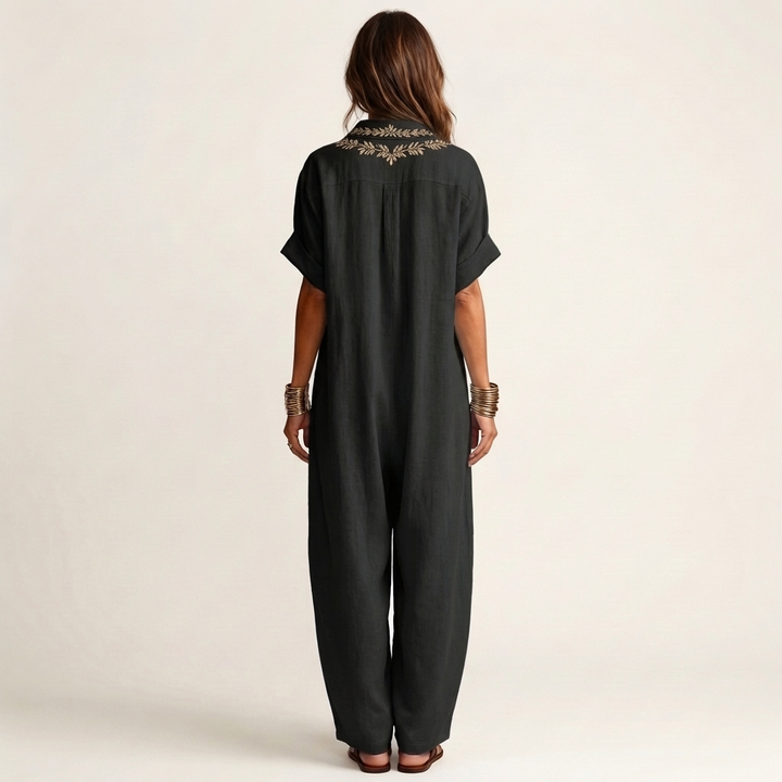Amarina | Embroidered V-Neck Collar Linen Maxi Dress