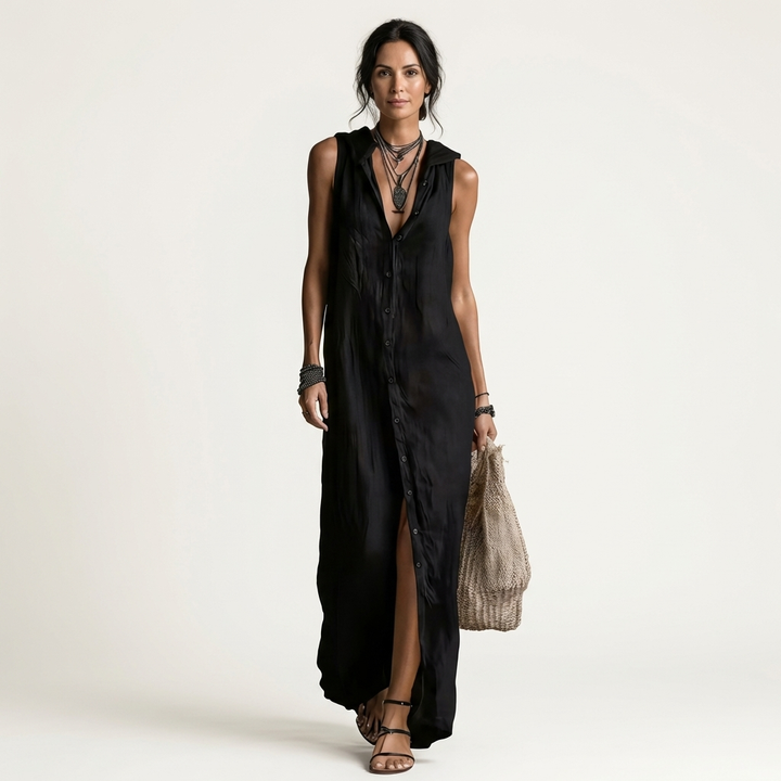 Mirabelle | Sleeveless Hooded Maxi Dress with Button Front
