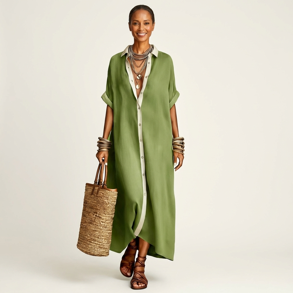 Kamira | Maxi dress with a contrasting collar and button placket, short-sleeved