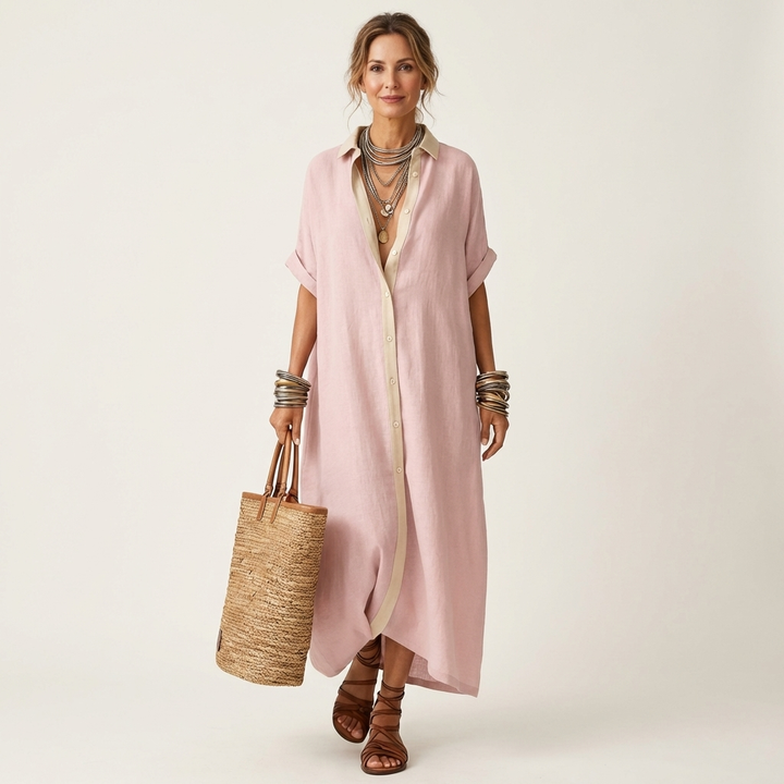 Kamira | Maxi dress with a contrasting collar and button placket, short-sleeved