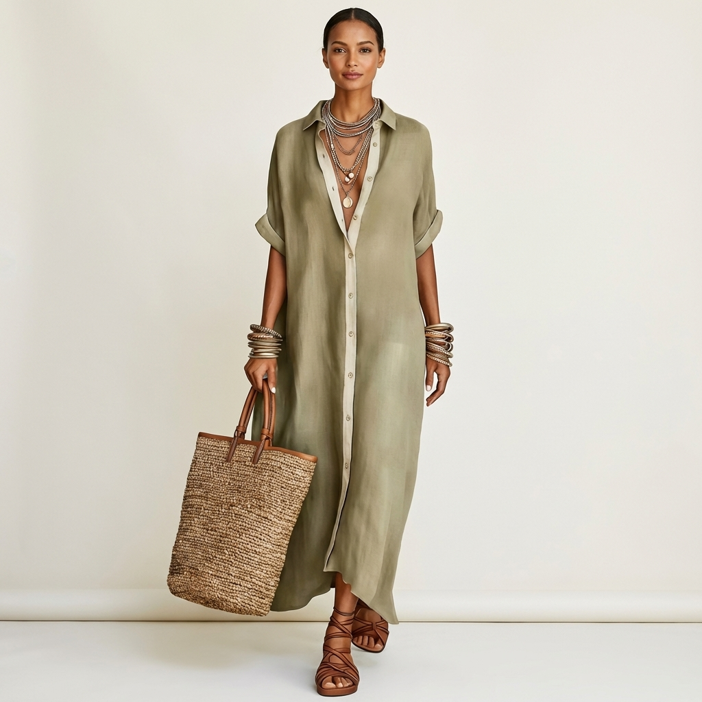Kamira | Maxi dress with a contrasting collar and button placket, short-sleeved