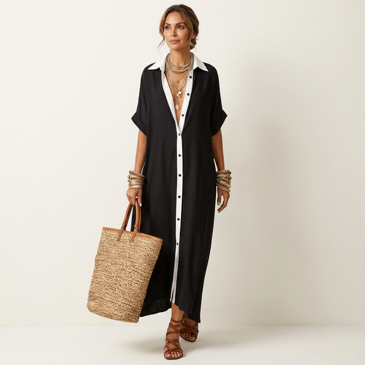 Kamira | Contrast-Collar Button-Front Short-Sleeve Maxi Shirt Dress