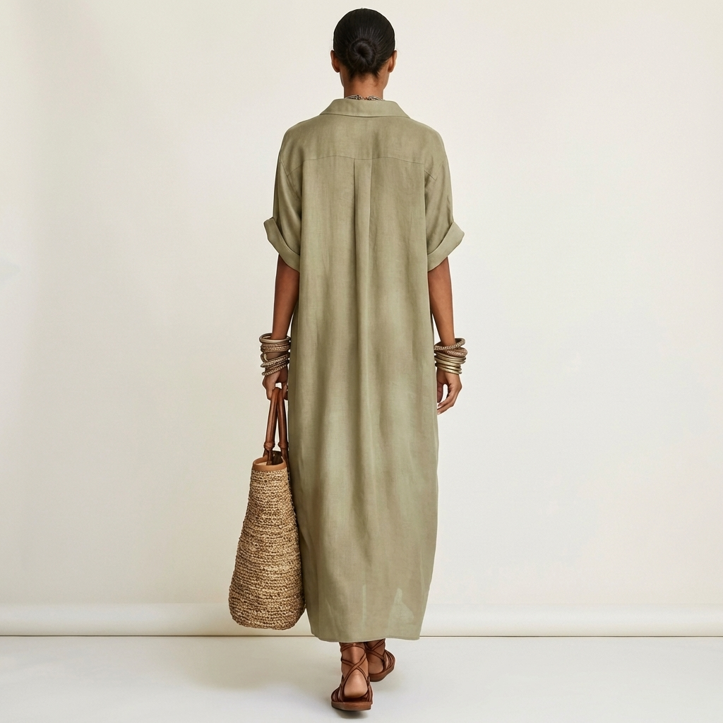 Kamira | Contrast-Collar Button-Front Short-Sleeve Maxi Shirt Dress