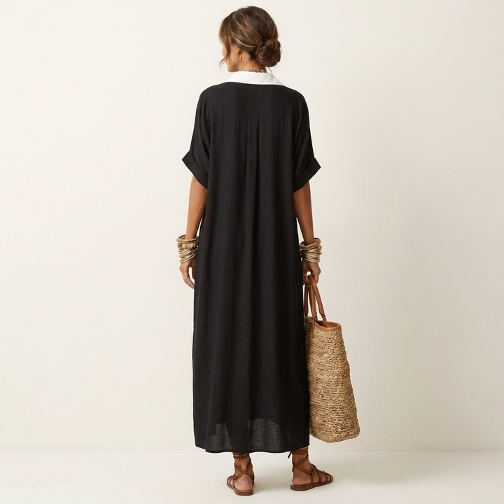 Kamira | Maxi dress with a contrasting collar and button placket, short-sleeved