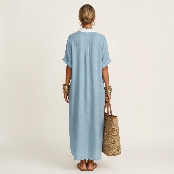 Kamira | Maxi dress with a contrasting collar and button placket, short-sleeved