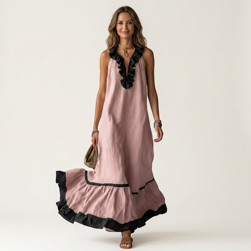 Mayline | Sleeveless maxi dress with a ruffled neckline and contrasting trim