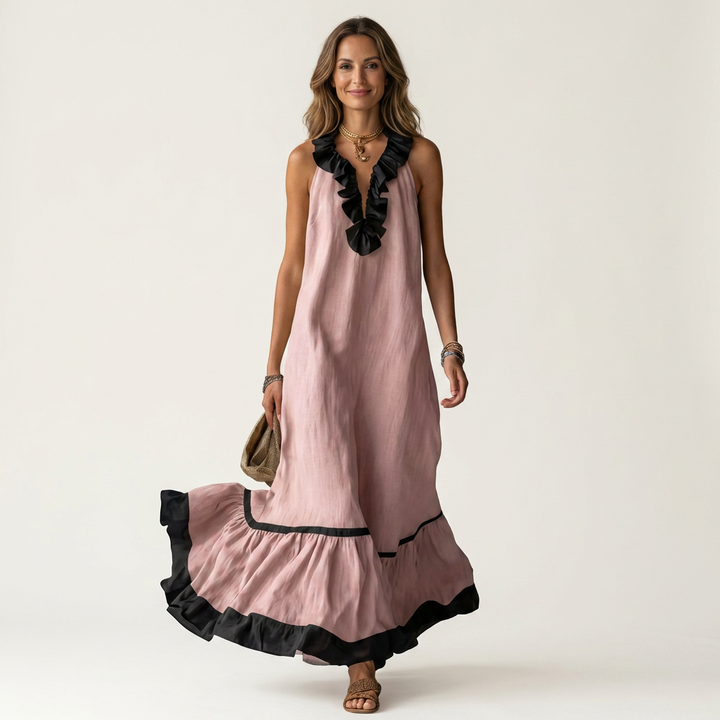 Mayline | Sleeveless Ruffle-Neck Contrast-Trim Maxi Dress