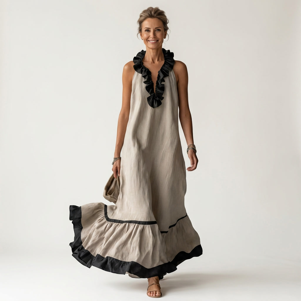Mayline | Sleeveless maxi dress with a ruffled neckline and contrasting trim