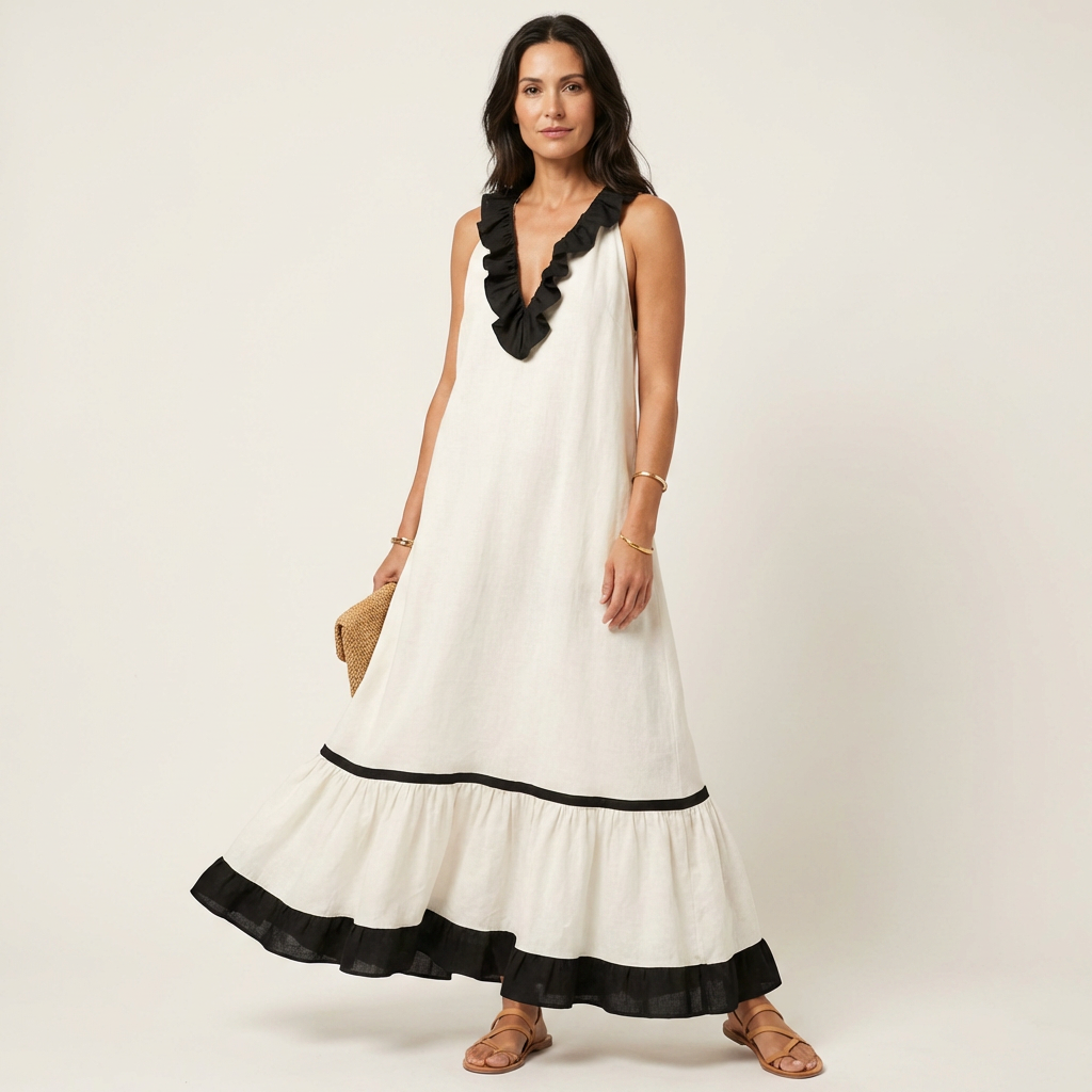 Mayline | Sleeveless maxi dress with a ruffled neckline and contrasting trim