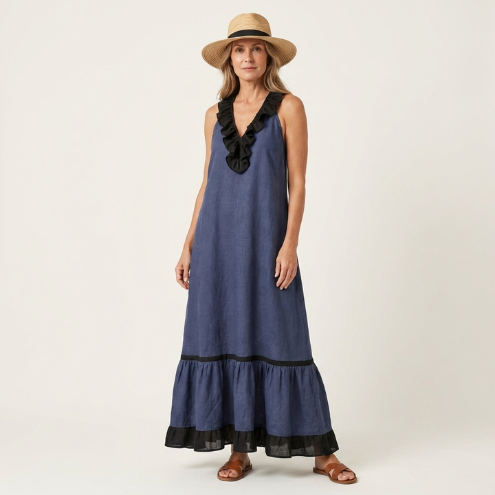 Mayline | Sleeveless maxi dress with a ruffled neckline and contrasting trim
