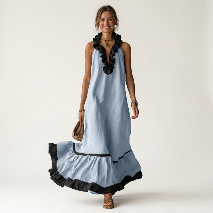 Mayline | Sleeveless maxi dress with a ruffled neckline and contrasting trim