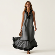 Mayline | Sleeveless maxi dress with a ruffled neckline and contrasting trim