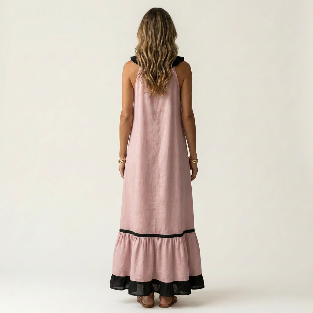 Mayline | Sleeveless maxi dress with a ruffled neckline and contrasting trim