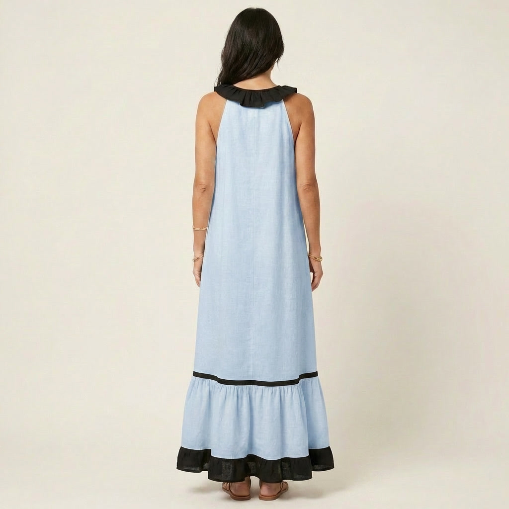 Mayline | Sleeveless Ruffle-Neck Contrast-Trim Maxi Dress