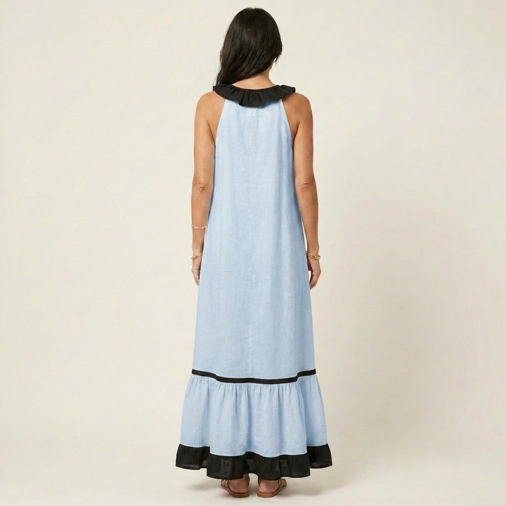 Mayline | Sleeveless Ruffle-Neck Contrast-Trim Maxi Dress