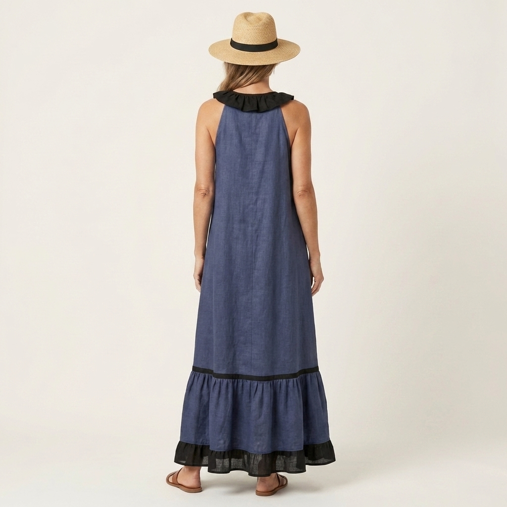Mayline | Sleeveless maxi dress with a ruffled neckline and contrasting trim