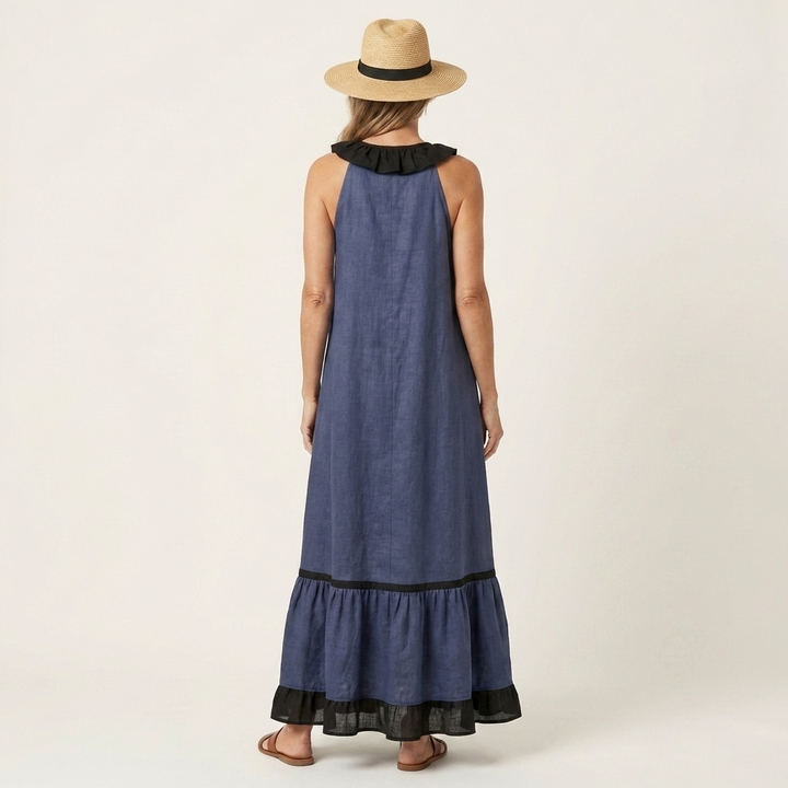 Mayline | Sleeveless maxi dress with a ruffled neckline and contrasting trim