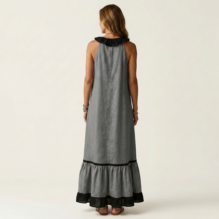 Mayline | Sleeveless maxi dress with a ruffled neckline and contrasting trim