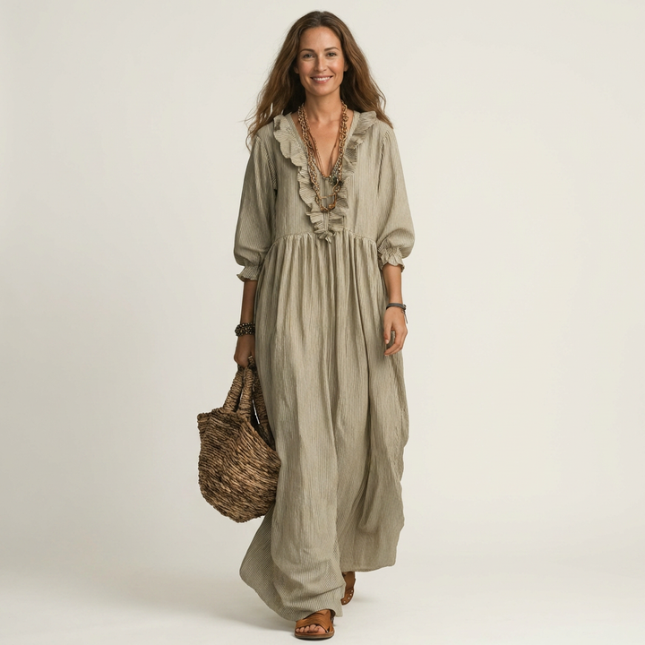 Yosetta | Ruffle V-Neck Striped Lantern-Sleeve Maxi Dress