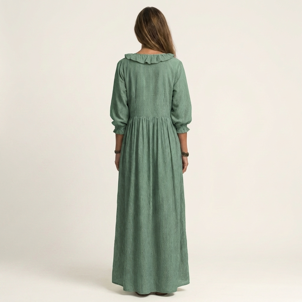 Yosetta | Ruffle V-Neck Striped Lantern-Sleeve Maxi Dress