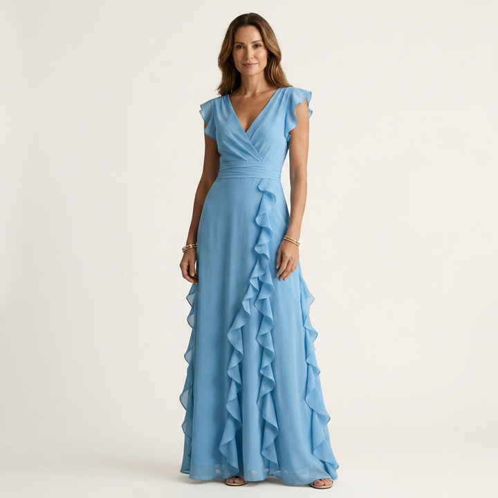 Nellyana | Wrap-Style V-Neck Flutter-Sleeve Cascading Ruffle Maxi Dress