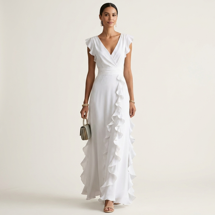 Nellyana | Wrap-style V-neck flutter-sleeve cascading ruffle maxi dress
