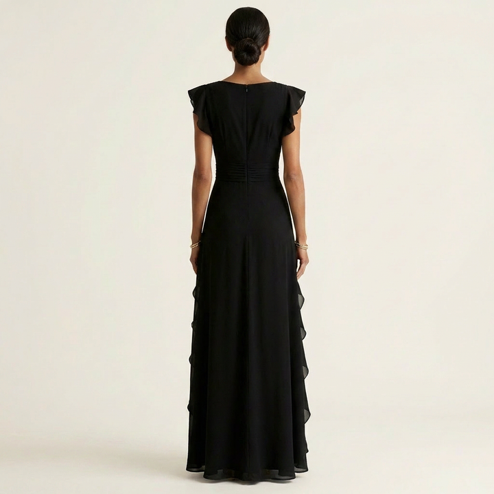 Nellyana | Wrap-Style V-Neck Flutter-Sleeve Cascading Ruffle Maxi Dress
