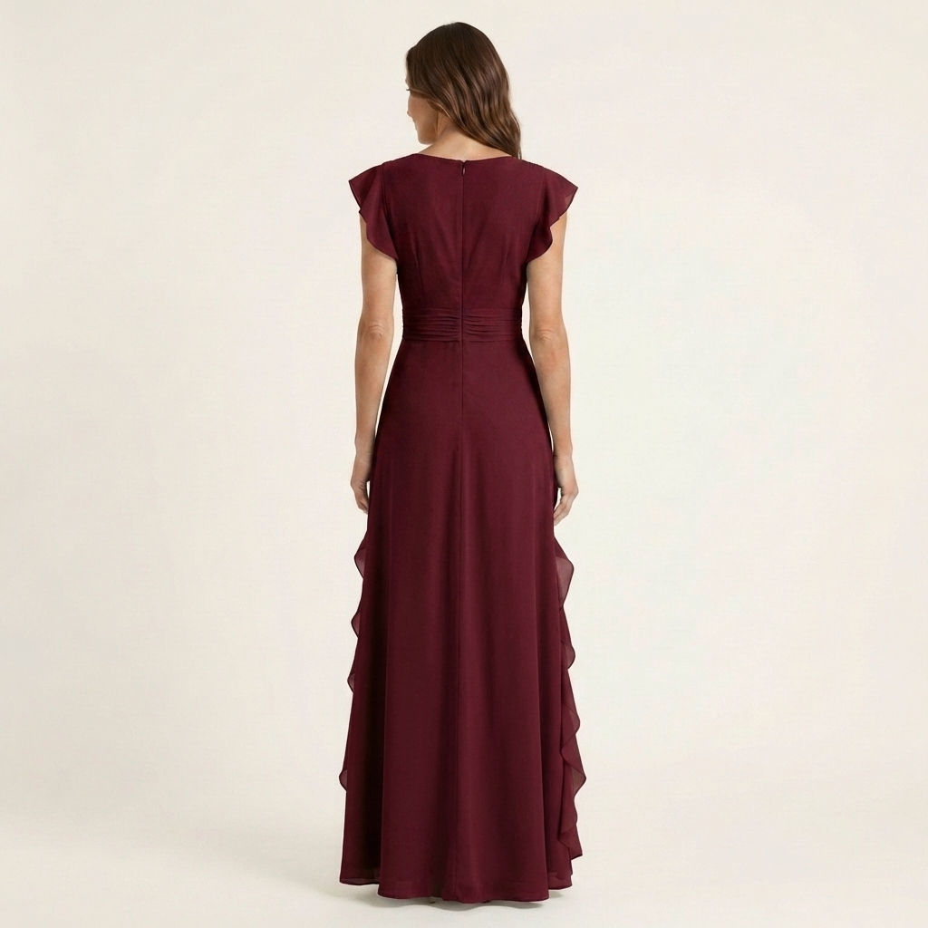 Nellyana | Wrap-Style V-Neck Flutter-Sleeve Cascading Ruffle Maxi Dress