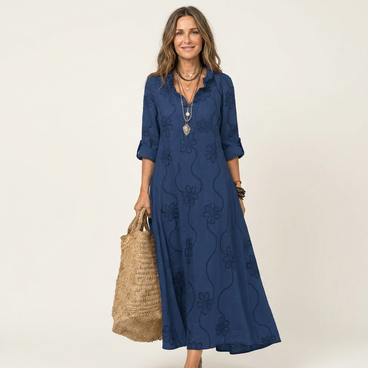 Mariam | Cotton-Linen Maxi Dress with Tonal Floral Embroidery