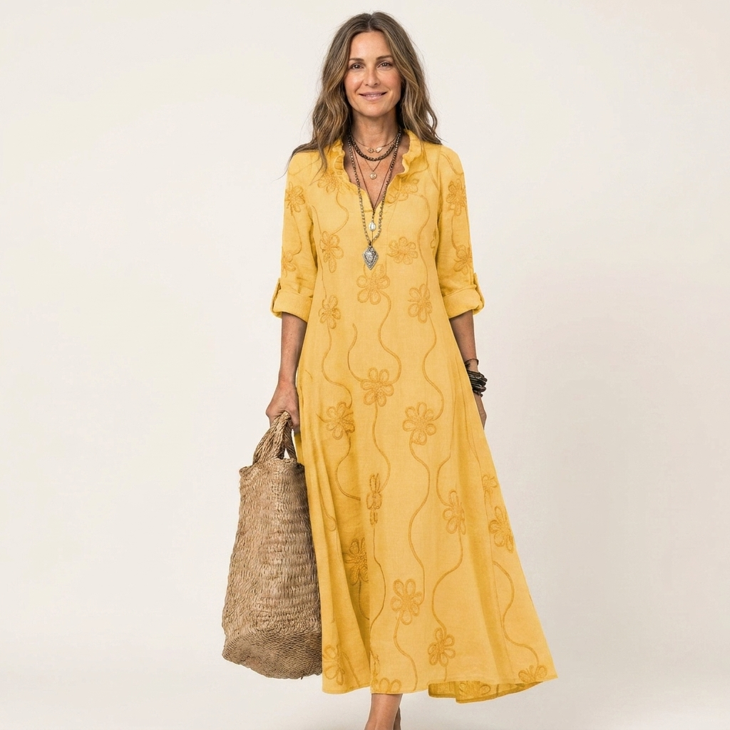 Mariam | Cotton-Linen Maxi Dress with Tonal Floral Embroidery