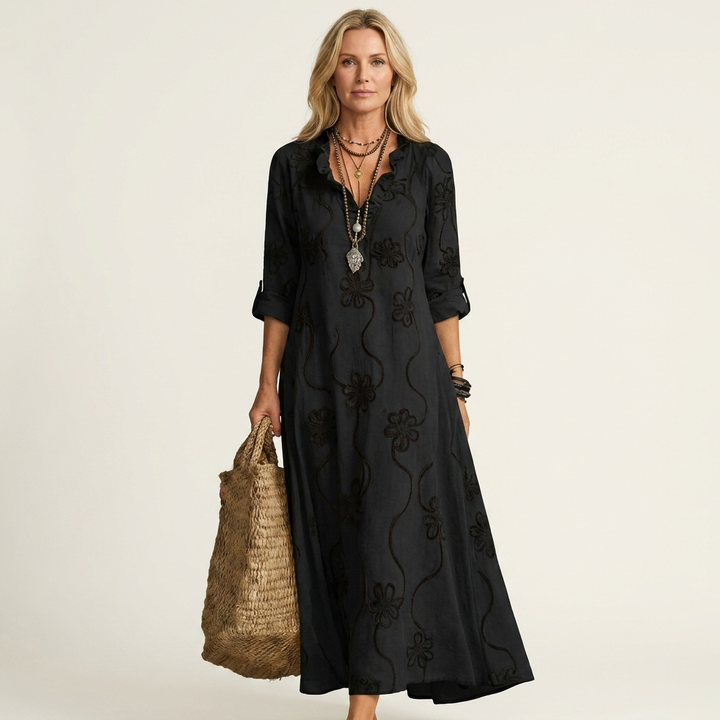 Mariam | Cotton-Linen Maxi Dress with Tonal Floral Embroidery