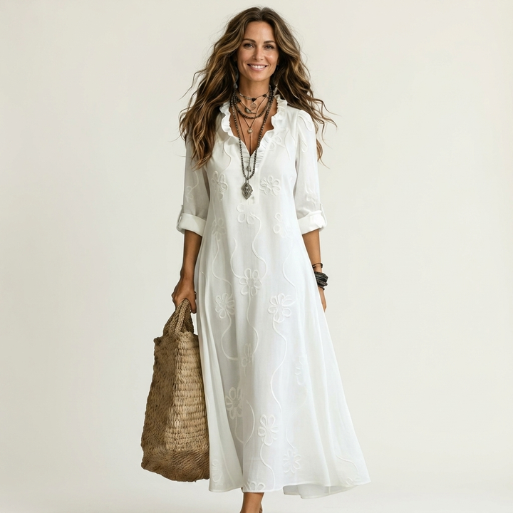 Mariam | Cotton-Linen Maxi Dress with Tonal Floral Embroidery