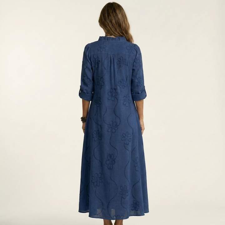 Mariam | Cotton-Linen Maxi Dress with Tonal Floral Embroidery