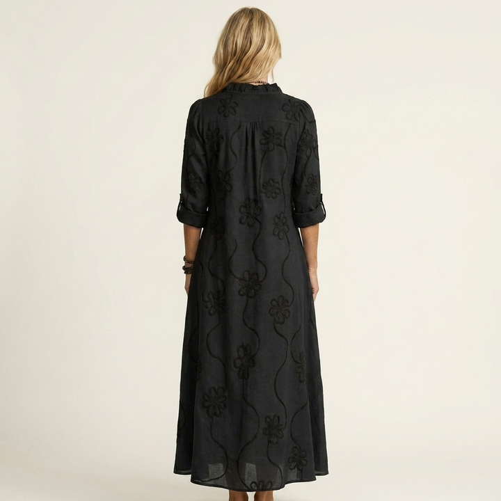 Mariam | Cotton-Linen Maxi Dress with Tonal Floral Embroidery