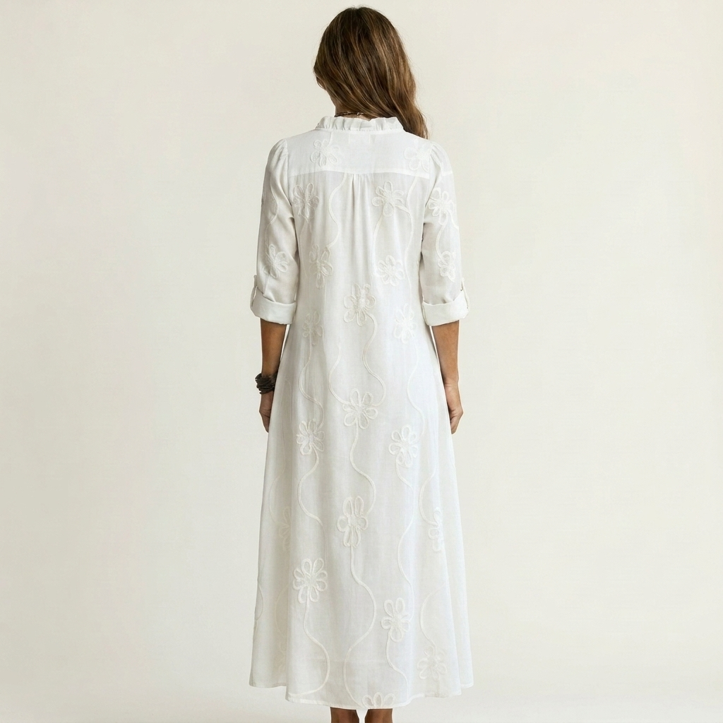 Mariam | Cotton-Linen Maxi Dress with Tonal Floral Embroidery