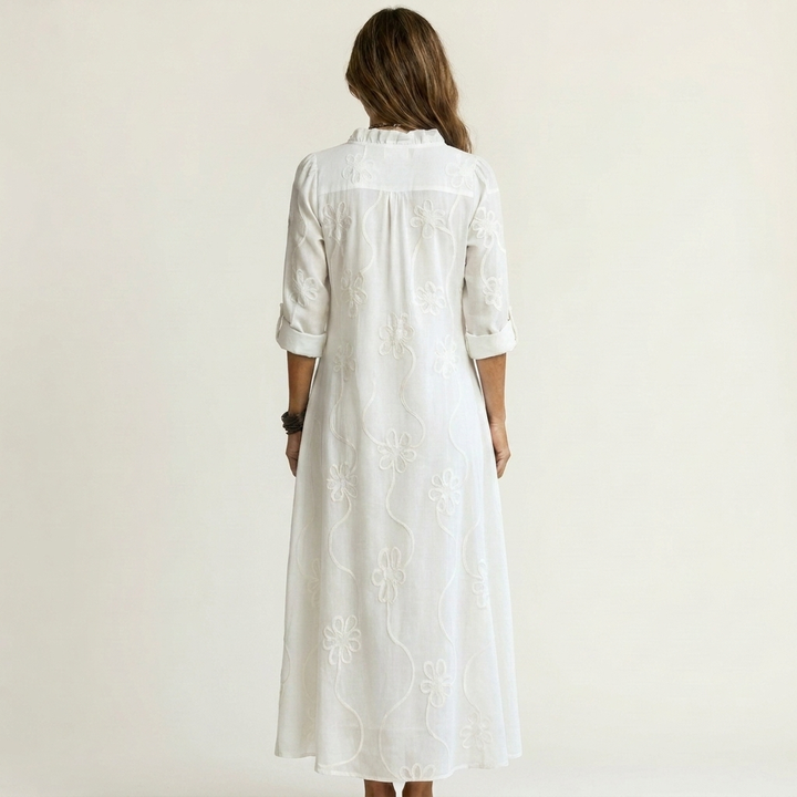 Mariam | Cotton-Linen Maxi Dress with Tonal Floral Embroidery