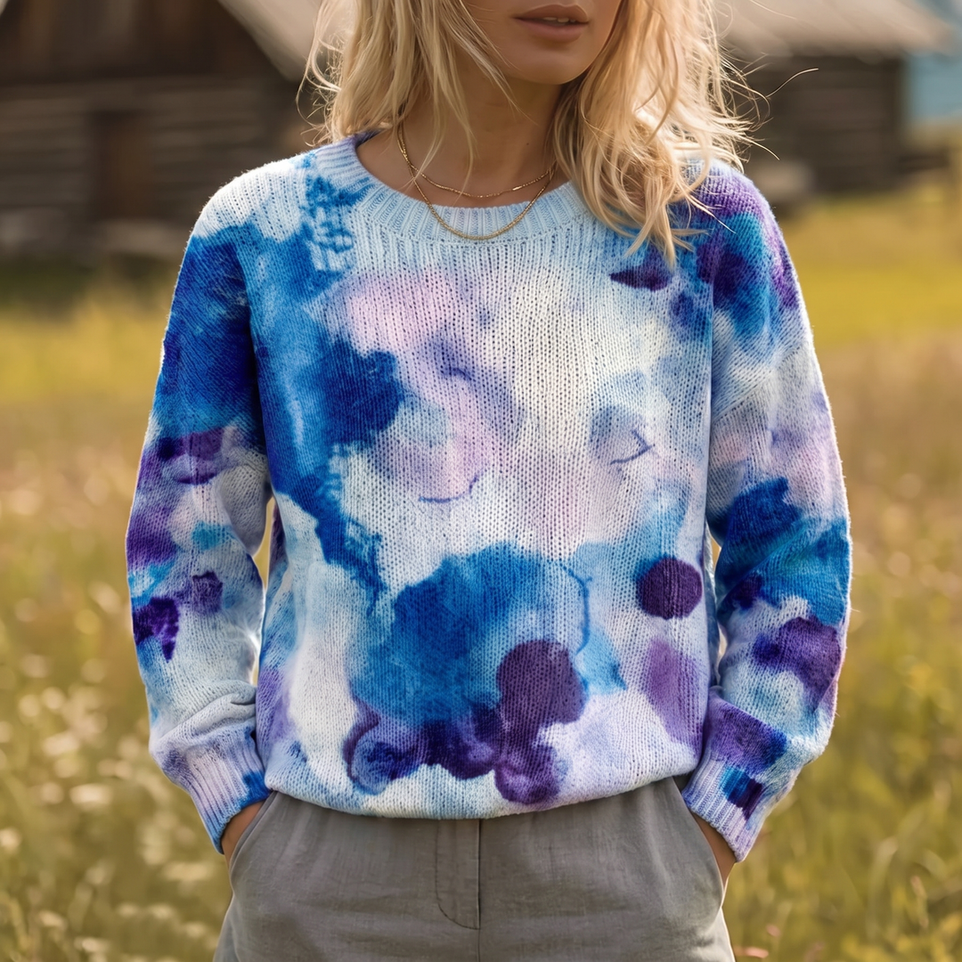 Swanley | Blue Tie-Dye Floral Knit Sweater