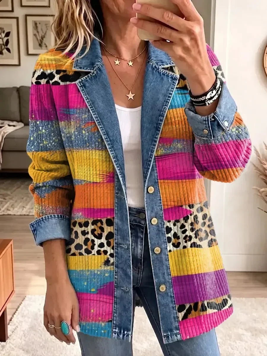 Delphia™ | Leopard Patchwork Denim Jacket