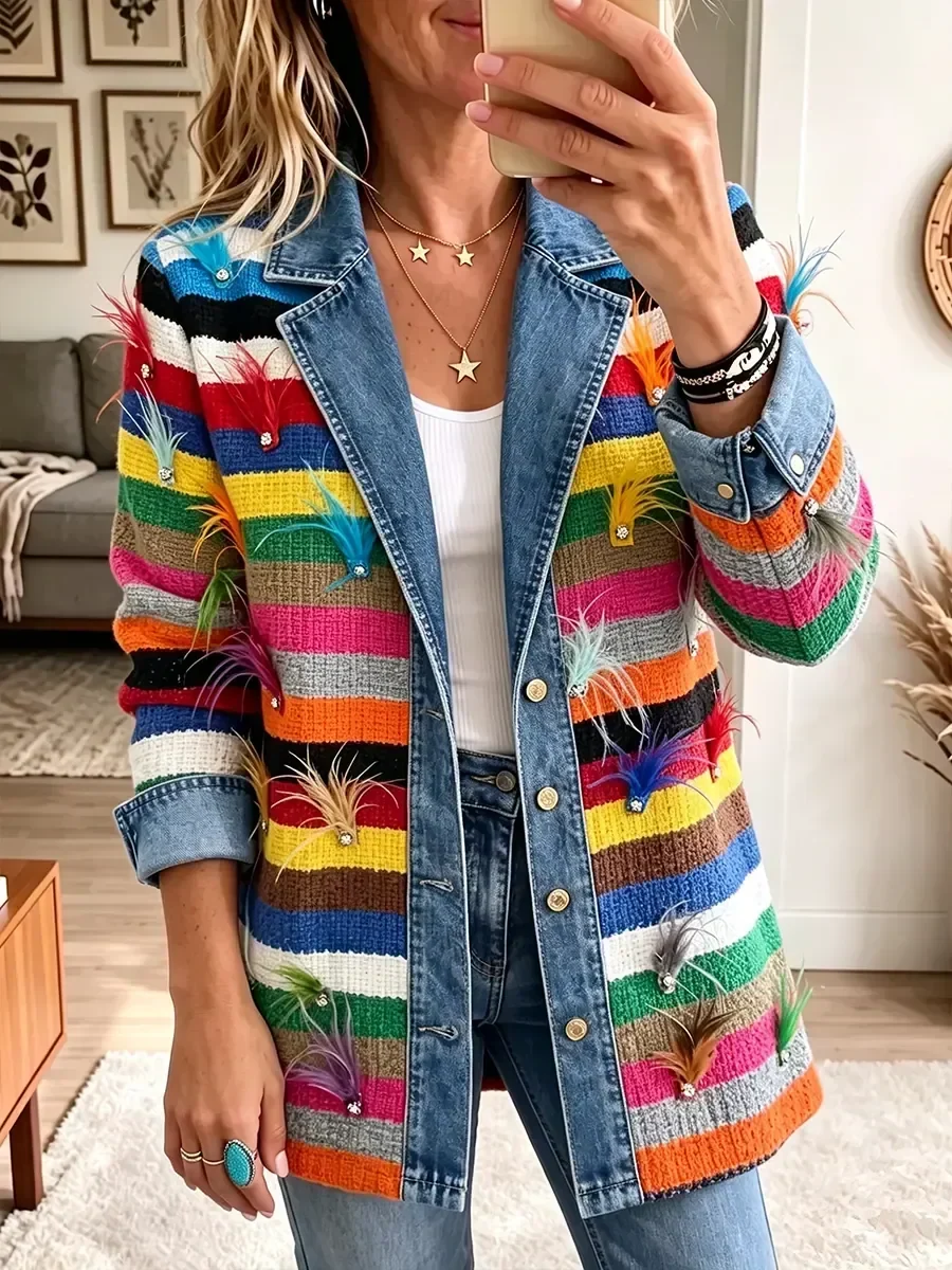 Reta™ | Striped Feather Print Denim Jacket