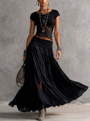 Geneva · Set Consisting of a Top with Black Lace Panels and a Maxi Pleated Skirt