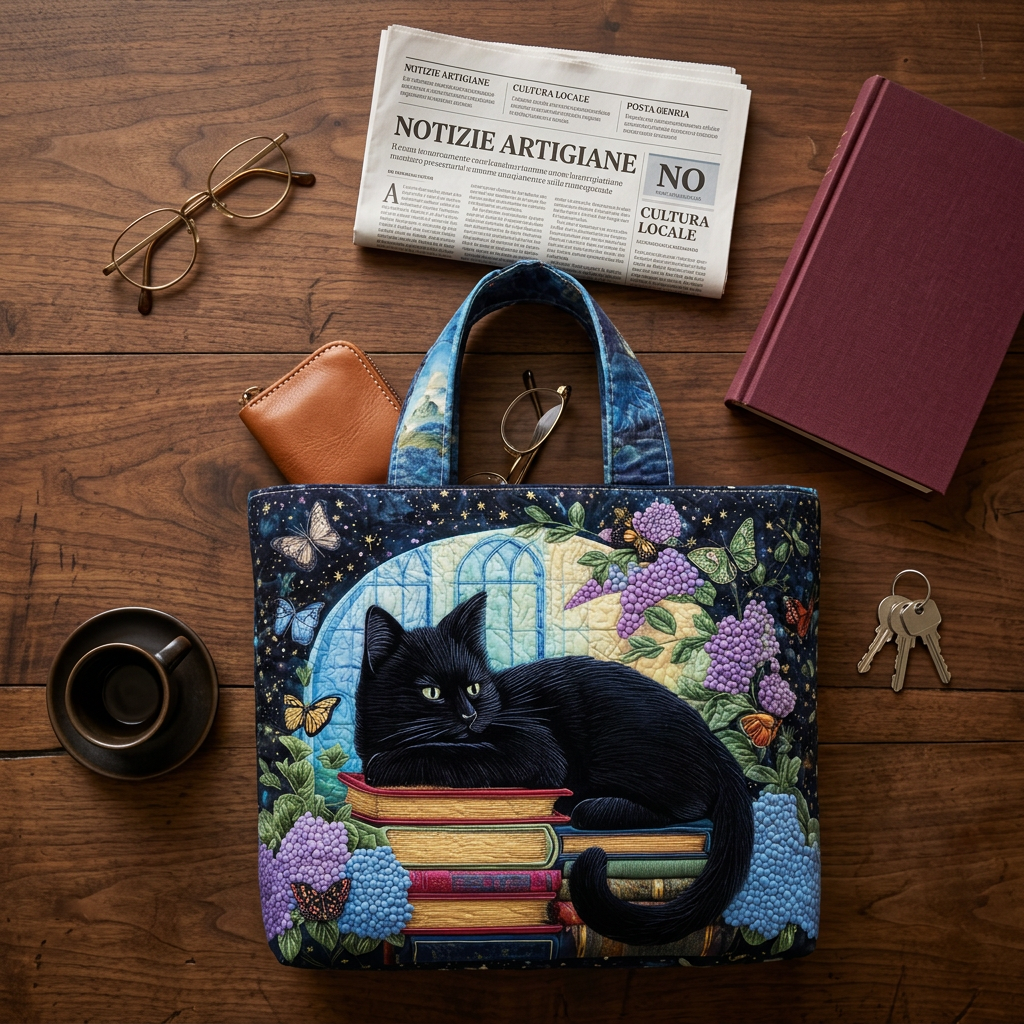 Maria™ | Women's Black Cat on Books Quilted Tote Bag
