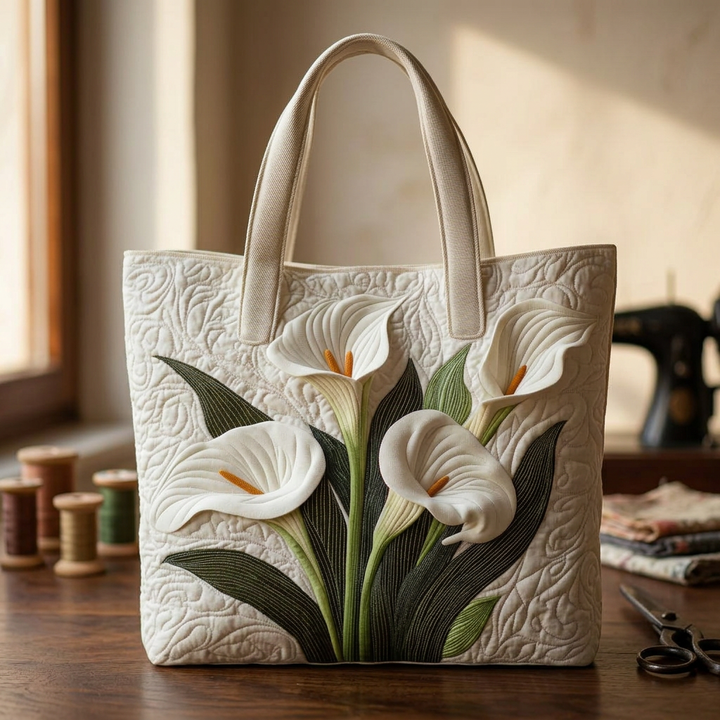 Maria™ | Women's White Calla Lily Quilted Tote Bag