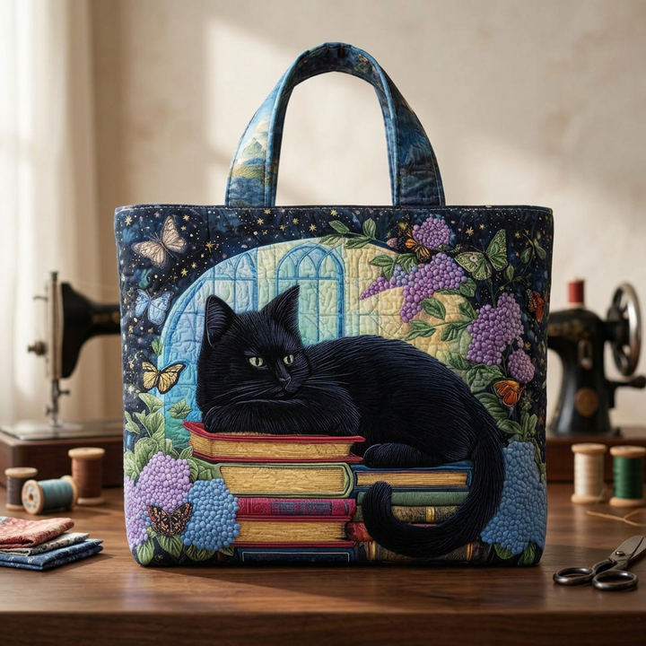 Maria™ | Women's Black Cat on Books Quilted Tote Bag
