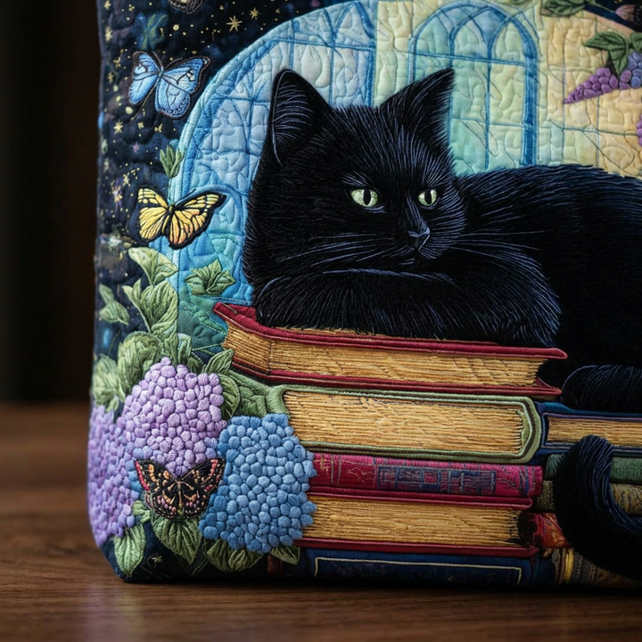 Maria™ | Women's Black Cat on Books Quilted Tote Bag