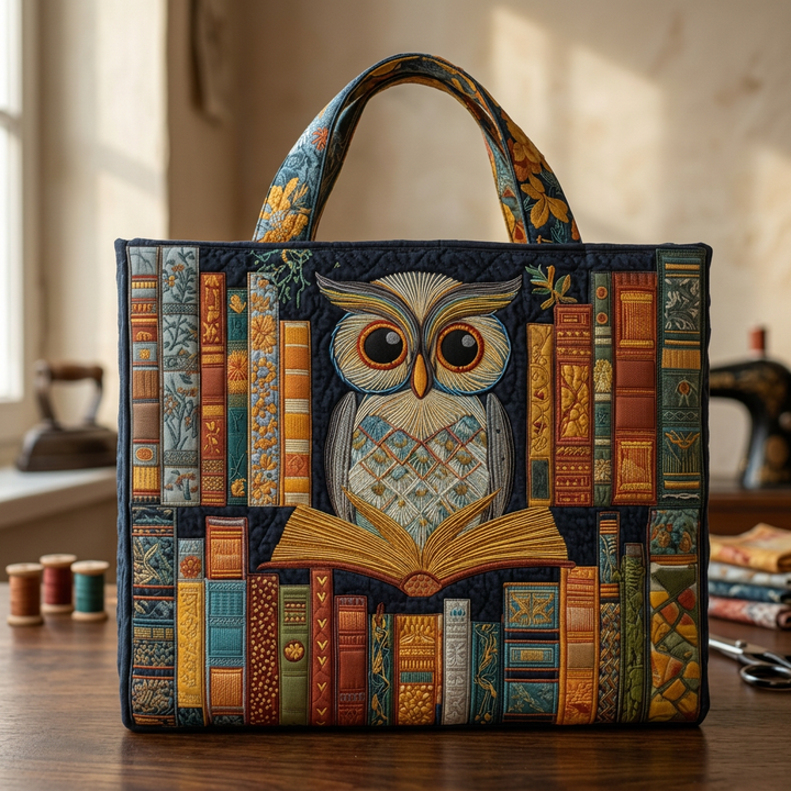 Maria™ | Women's Owl &amp; Vintage Books Quilted Tote Bag