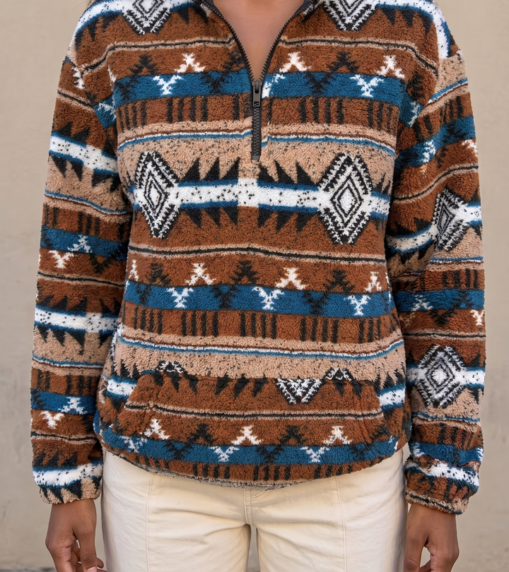 Amberlyn™ | Striped Aztec Half-Zip Sherpa