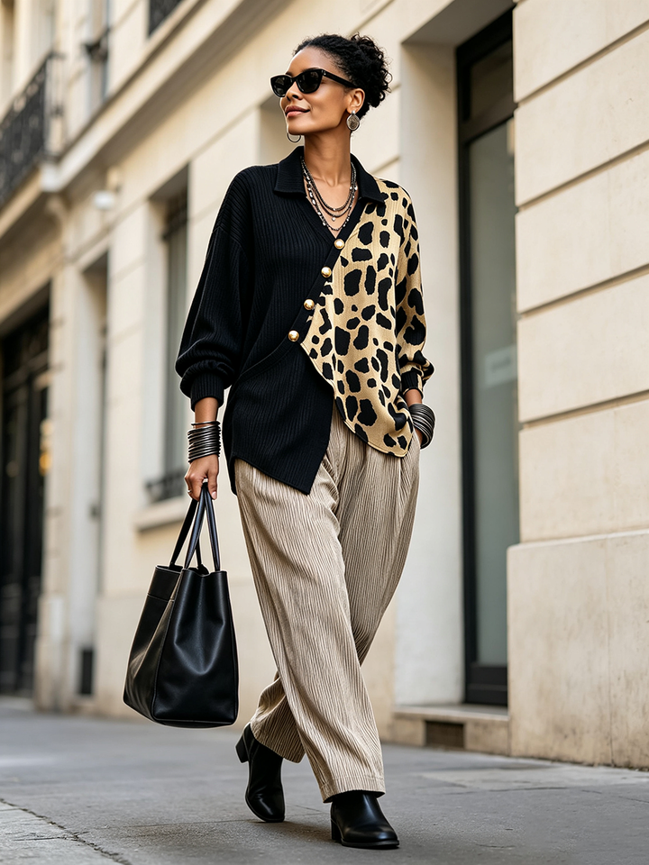 Isolvie™ | Bold Leopard Color-Block Asymmetric Sweater